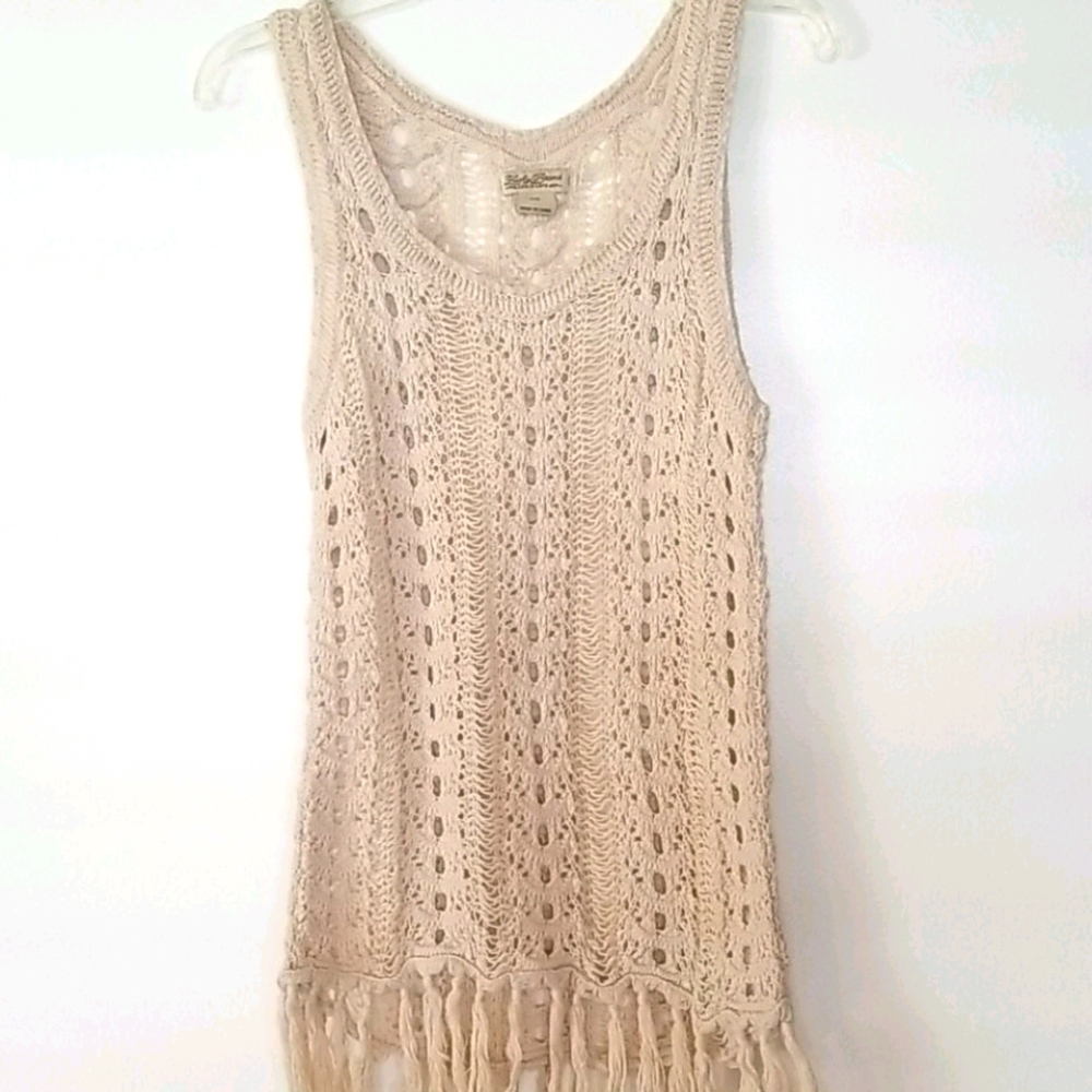 Lucky Brand Boho Hippie Open Knit Fringe Hem Cottagecore Tank Sweater